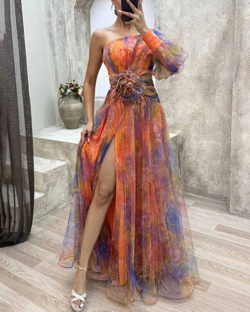 Lavinque Dress Robe de Soirée Fluide | Une Épaule | Tulle Imprimé Romantique