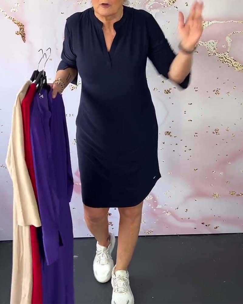 Lavinque Dress Robe Décontractée à Col Fendu | Manches 3/4 | Confort et Élégance