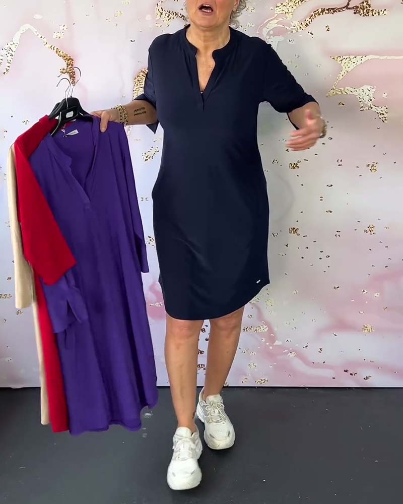 Lavinque Dress Robe Décontractée à Col Fendu | Manches 3/4 | Confort et Élégance