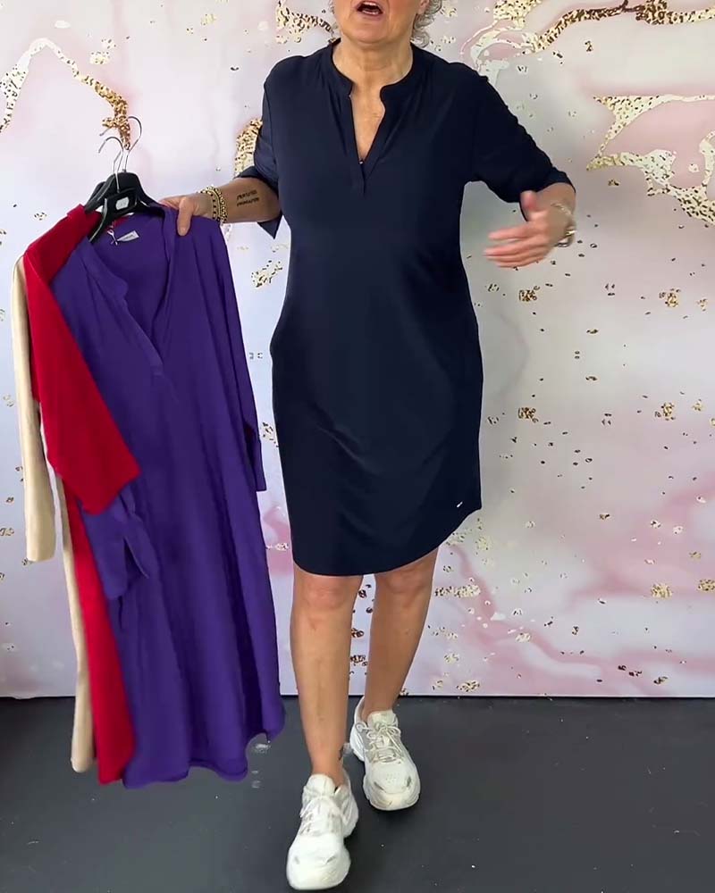 Lavinque Dress Robe Décontractée à Col Fendu | Manches 3/4 | Confort et Élégance