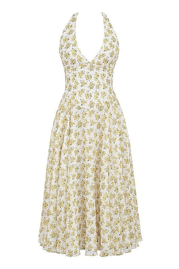 Lavinque Dress Robe Dos Nu à Fleurs | Jaune Pastel | Fraîche et Vintage
