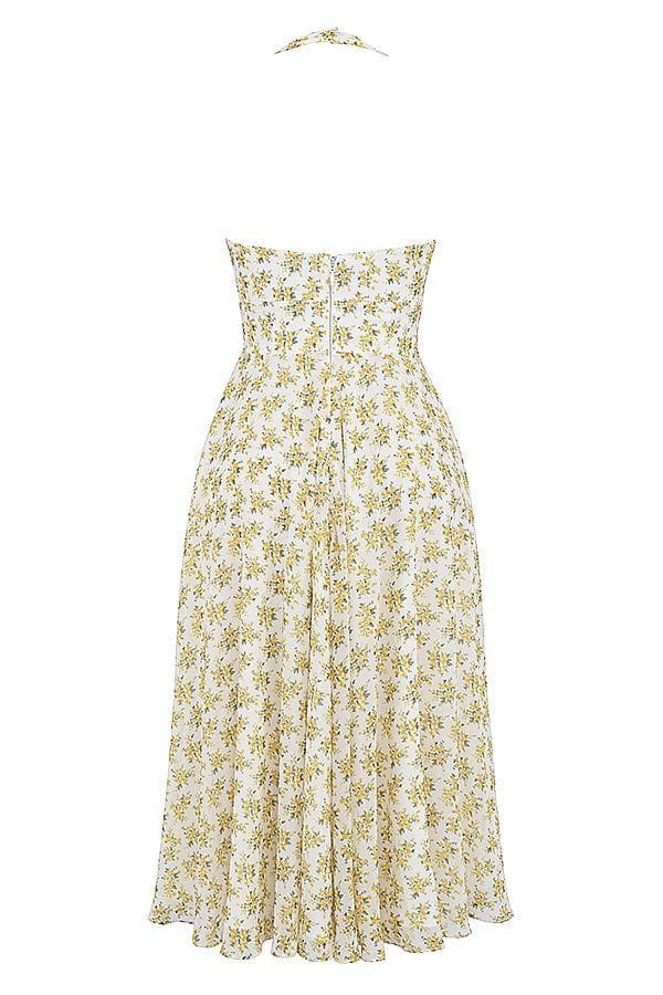 Lavinque Dress Robe Dos Nu à Fleurs | Jaune Pastel | Fraîche et Vintage