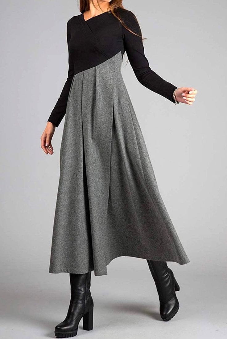 Lavinque Dress Robe Longue Bicolore | Haut Noir & Jupe Camel | Élégante et Structurée