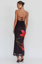 Lavinque Dress Robe Longue Bustier Noire | Imprimé Floral Rouge | Élégance Audacieuse