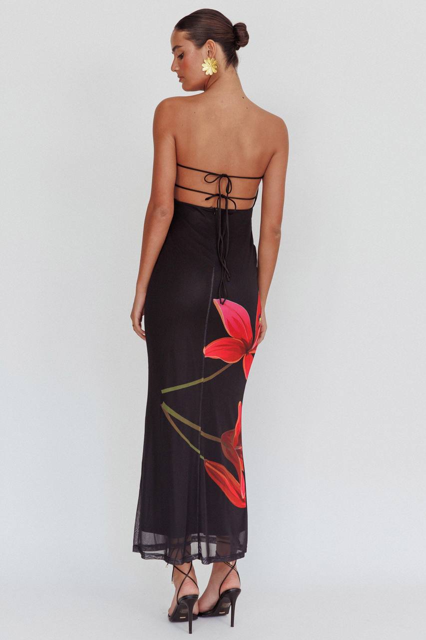 Lavinque Dress Robe Longue Bustier Noire | Imprimé Floral Rouge | Élégance Audacieuse