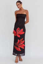Lavinque Dress Robe Longue Bustier Noire | Imprimé Floral Rouge | Élégance Audacieuse