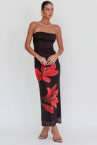 Lavinque Dress Robe Longue Bustier Noire | Imprimé Floral Rouge | Élégance Audacieuse