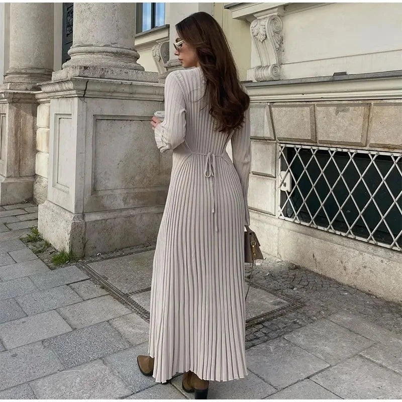 Lavinque Dress Robe Longue Côtelée Beige | Manches Longues | Minimalisme Élégant
