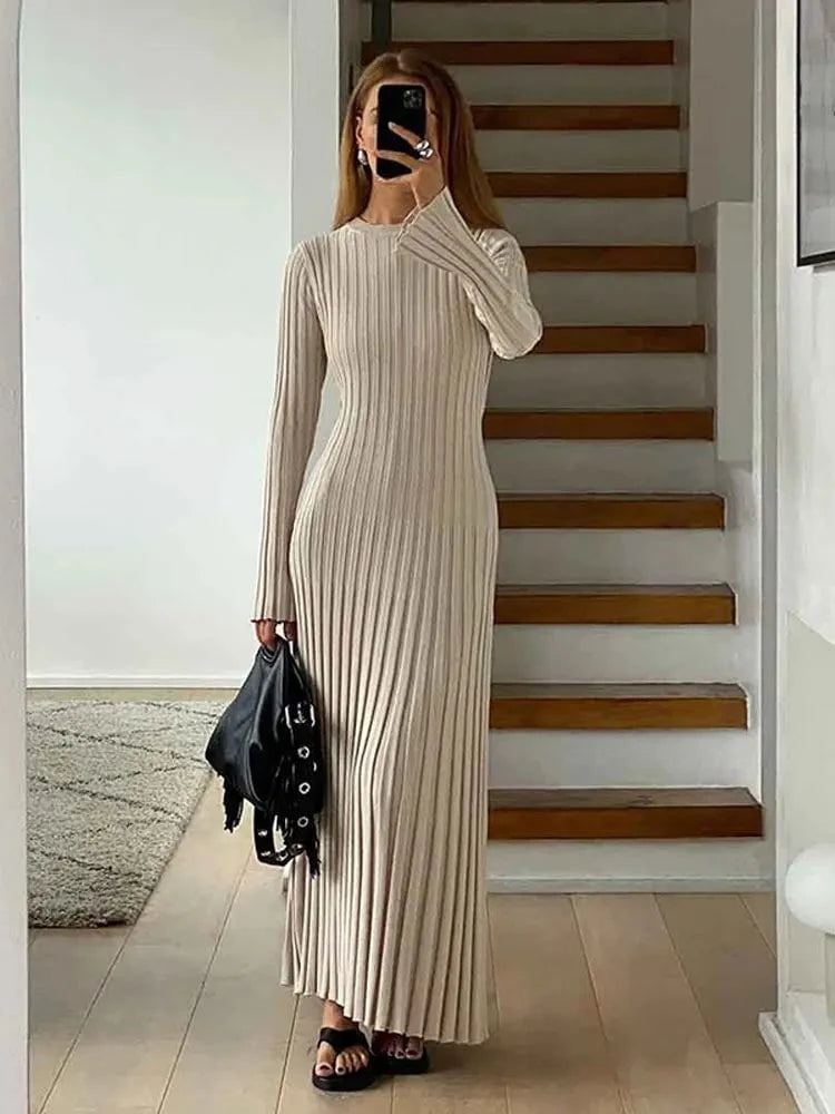 Lavinque Dress Robe Longue Côtelée Beige | Manches Longues | Minimalisme Élégant