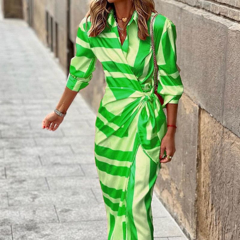 Lavinque Dress Robe Longue Drapée | Rayée Verte | Élégante et Audacieuse