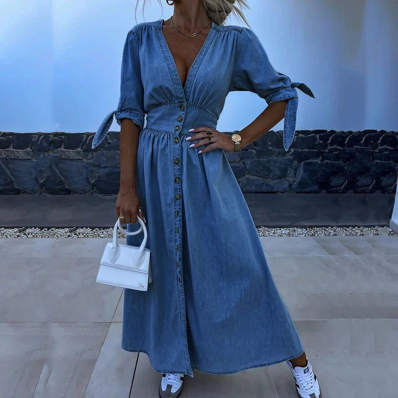 Lavinque Dress Robe Longue en Jean | Boutonnée et Cintrée | Élégance Décontractée
