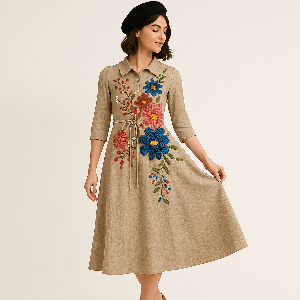 Lavinque Dress Robe Longue en Lin avec Broderie Florale | Élégance Bohème | Tissu Naturel & Confortable