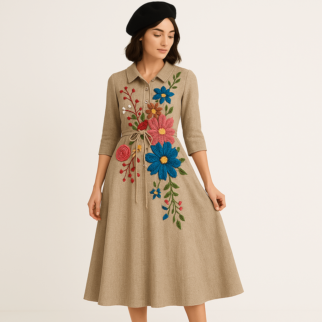 Lavinque Dress Robe Longue en Lin avec Broderie Florale | Élégance Bohème | Tissu Naturel & Confortable