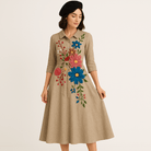 Lavinque Dress Robe Longue en Lin avec Broderie Florale | Élégance Bohème | Tissu Naturel & Confortable