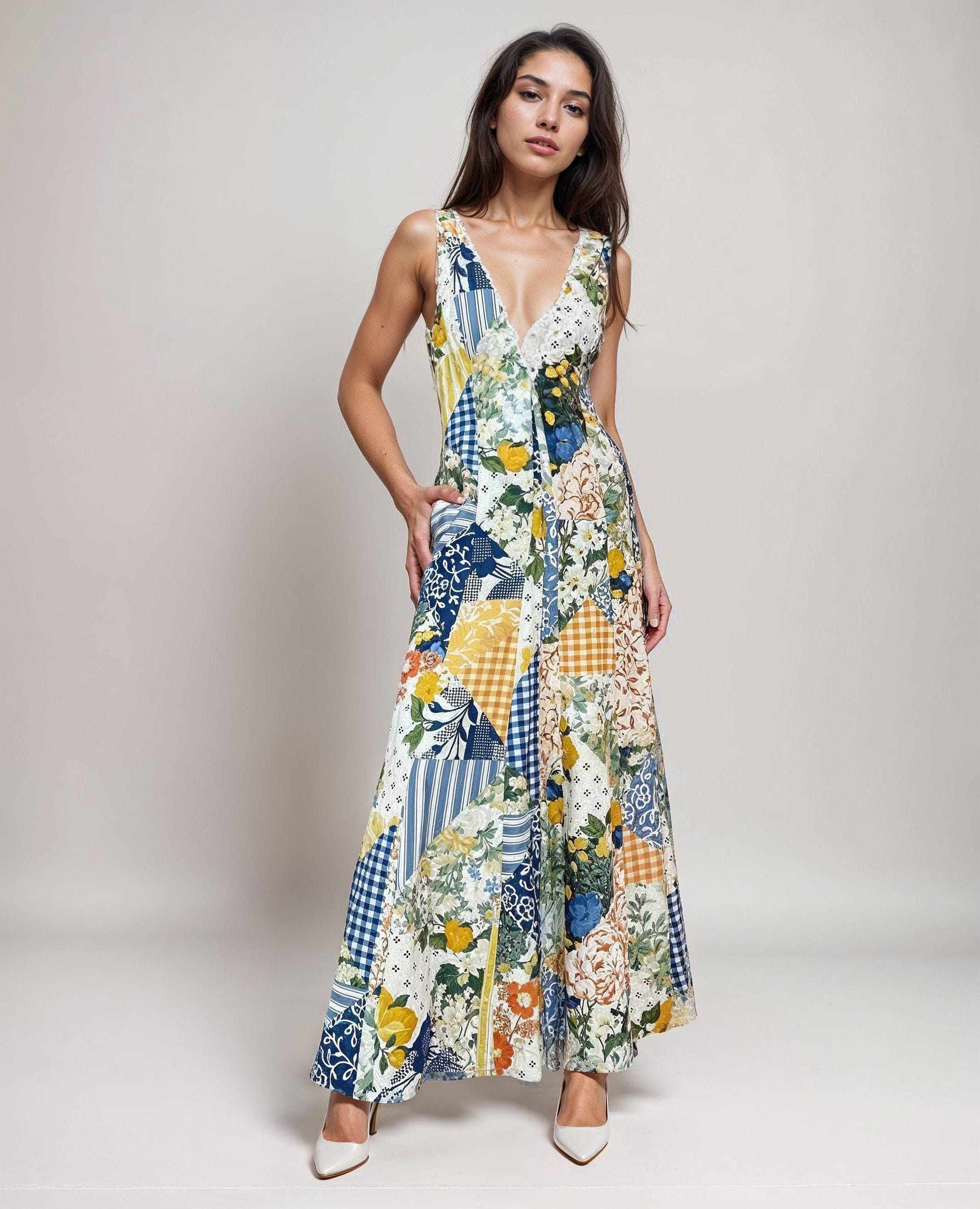 Lavinque Dress Robe Longue Imprimée | Décolleté Plongeant | Élégante et Estivale