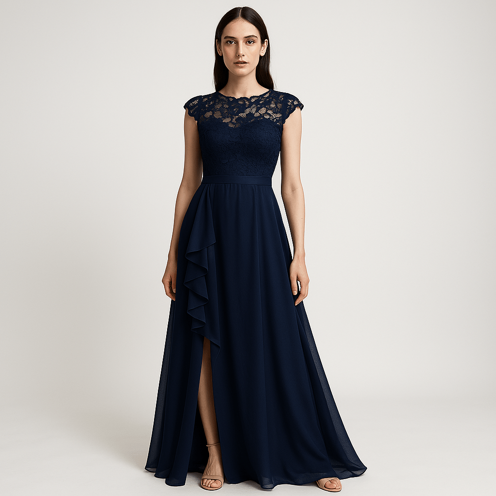 Lavinque Dress Robe Longue Noire avec Dentelle | Événement Élégant | Fente Asymétrique & Fluidité