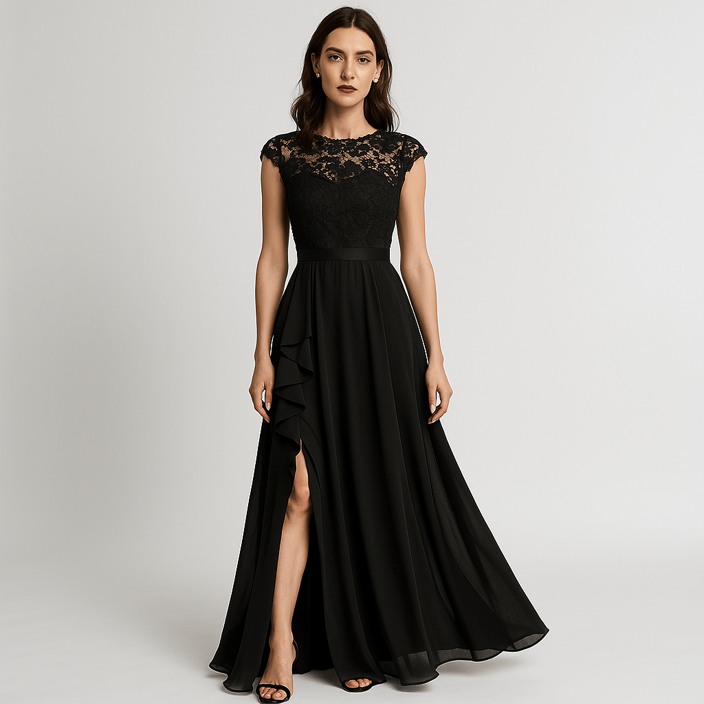 Lavinque Dress Robe Longue Noire avec Dentelle | Événement Élégant | Fente Asymétrique & Fluidité