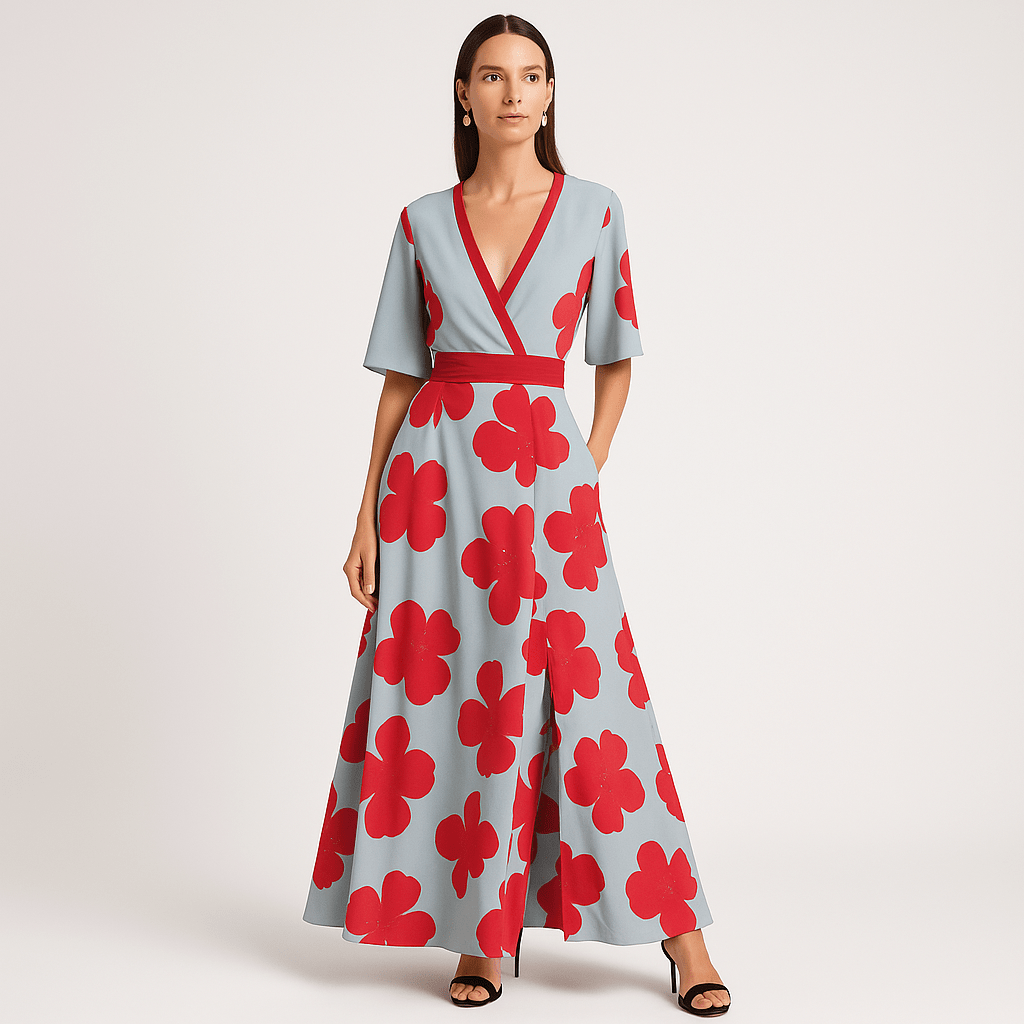 Lavinque Dress Robe Longue Portefeuille | Motif Floral Audacieux | Légère et Féminine
