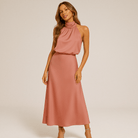 Lavinque Dress Robe Longue Rose Terracotta | Col Haut Noué | Élégance Fluide