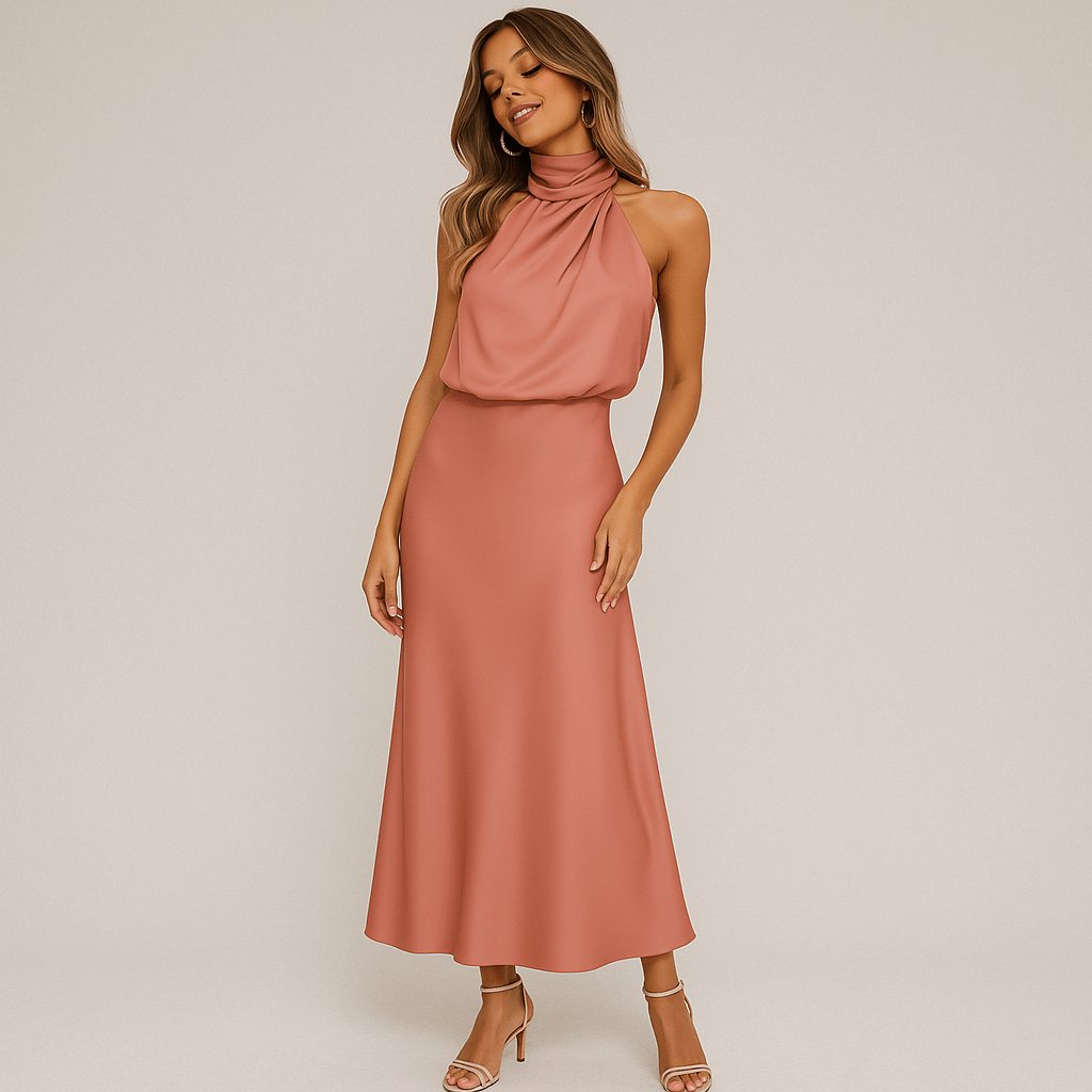 Lavinque Dress Robe Longue Rose Terracotta | Col Haut Noué | Élégance Fluide