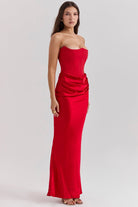 Lavinque Dress Robe Longue Satinée Noire | Bustier Drapé | Élégance Sensuelle