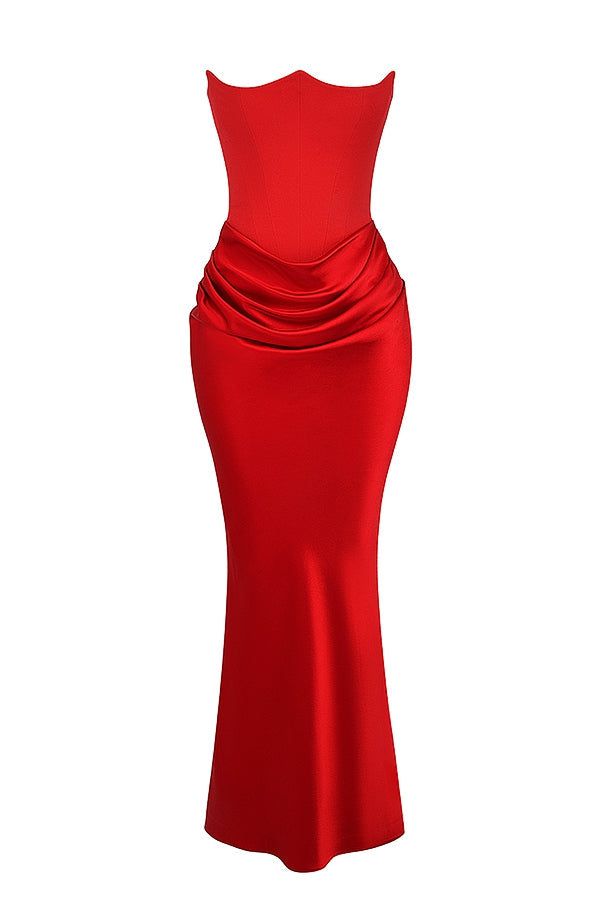 Lavinque Dress Robe Longue Satinée Noire | Bustier Drapé | Élégance Sensuelle
