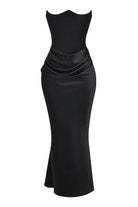 Lavinque Dress Robe Longue Satinée Noire | Bustier Drapé | Élégance Sensuelle