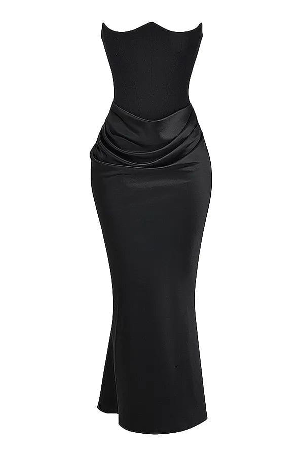 Lavinque Dress Robe Longue Satinée Noire | Bustier Drapé | Élégance Sensuelle