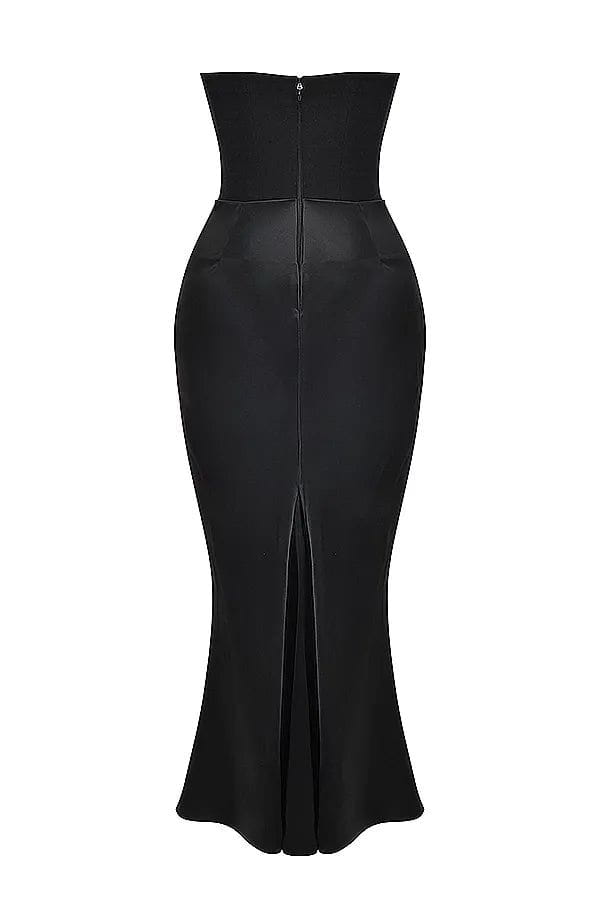 Lavinque Dress Robe Longue Satinée Noire | Bustier Drapé | Élégance Sensuelle