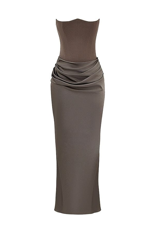 Lavinque Dress Robe Longue Satinée Noire | Bustier Drapé | Élégance Sensuelle