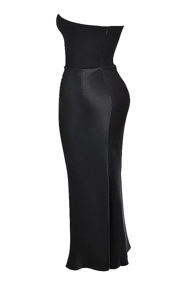 Lavinque Dress Robe Longue Satinée Noire | Bustier Drapé | Élégance Sensuelle