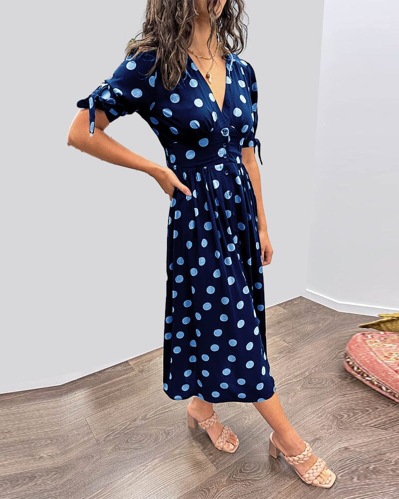 Lavinque Dress Robe Midi à Pois | Boutonnée et Cintrée | Élégance Rétro et Féminine