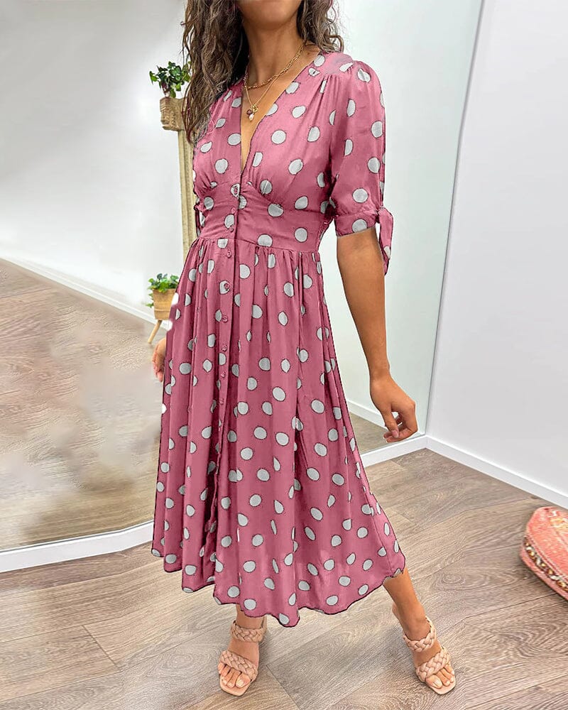 Lavinque Dress Robe Midi à Pois | Boutonnée et Cintrée | Élégance Rétro et Féminine