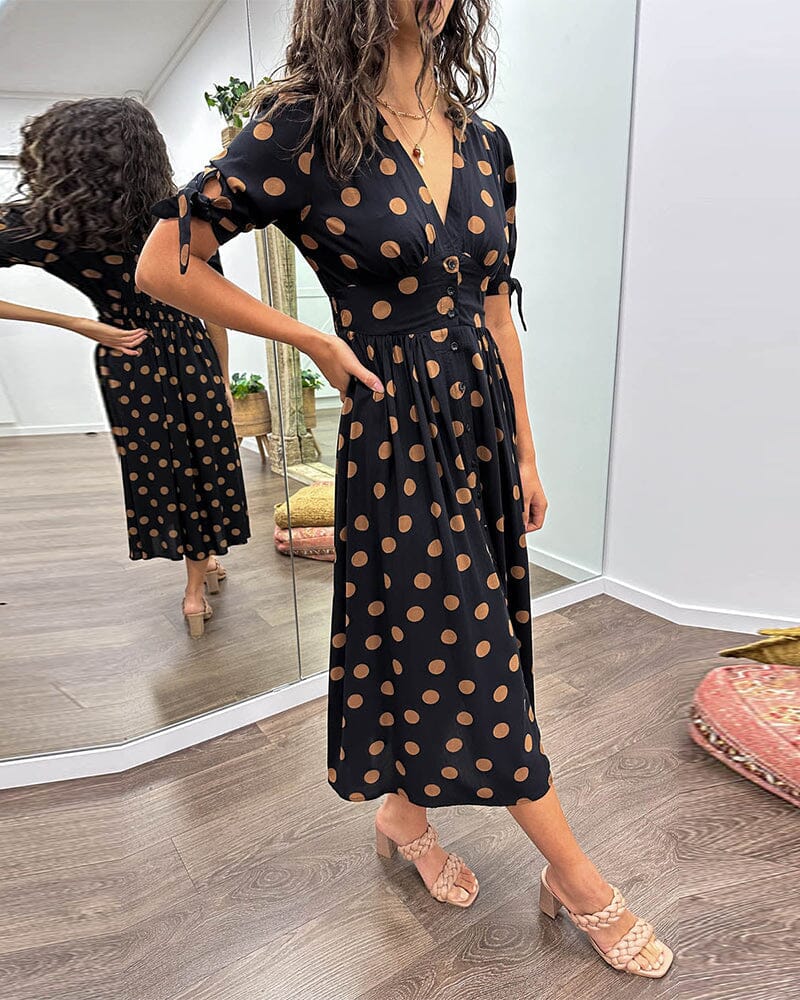 Lavinque Dress Robe Midi à Pois | Boutonnée et Cintrée | Élégance Rétro et Féminine