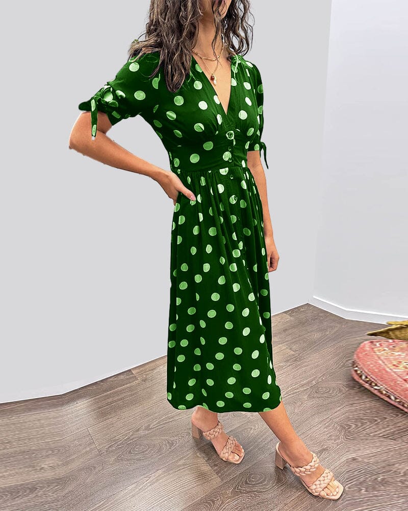 Lavinque Dress Robe Midi à Pois | Boutonnée et Cintrée | Élégance Rétro et Féminine