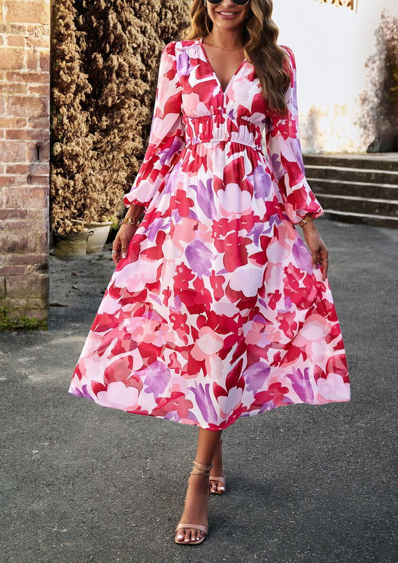 Lavinque Dress Robe Midi Fluide | Imprimé Bleu Tropical | Fraîche et Élégante