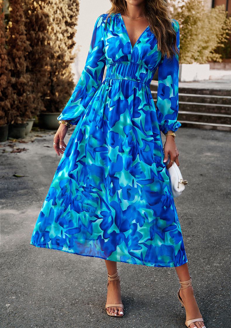 Lavinque Dress Robe Midi Fluide | Imprimé Bleu Tropical | Fraîche et Élégante