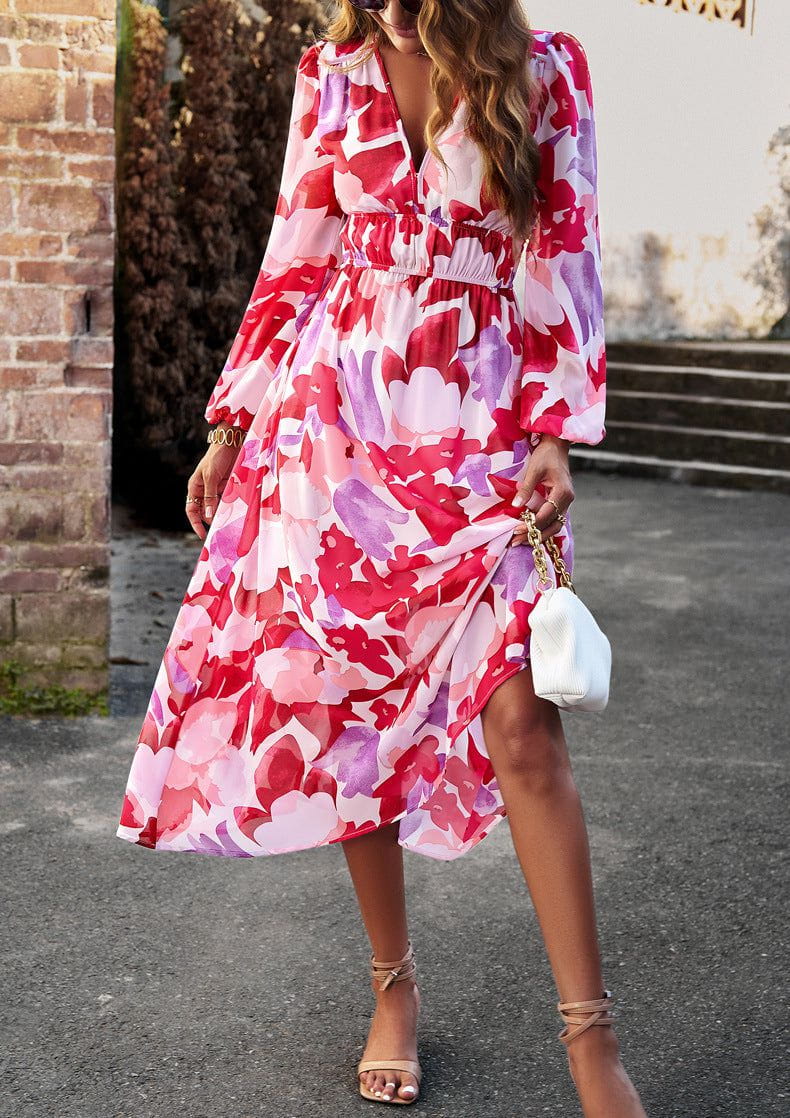 Lavinque Dress Robe Midi Fluide | Imprimé Bleu Tropical | Fraîche et Élégante