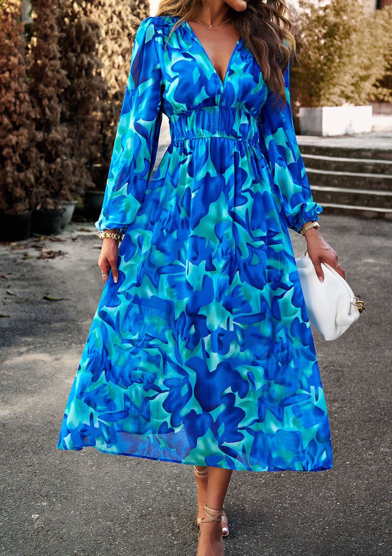 Lavinque Dress Robe Midi Fluide | Imprimé Bleu Tropical | Fraîche et Élégante