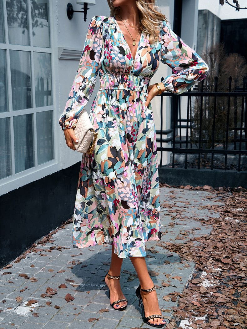 Lavinque Dress Robe Midi Fluide | Imprimé Bleu Tropical | Fraîche et Élégante