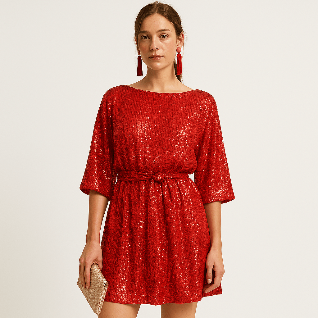 Lavinque Dress Robe Noire à Sequins Fluide | Ceinturée | Chic & Confortable
