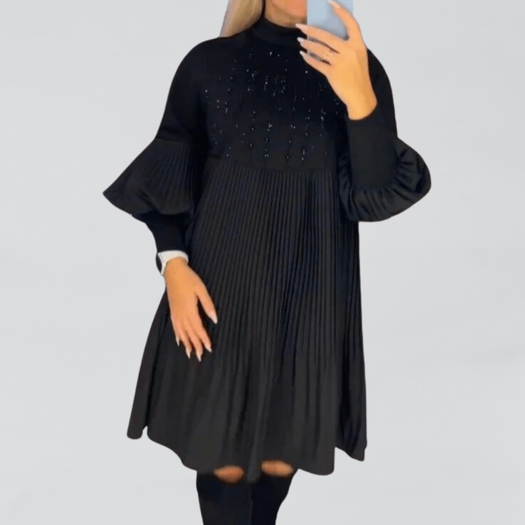 Lavinque Dress Robe Noire Ample | Manches Bouffantes & Col Montant | Élégance Oversize