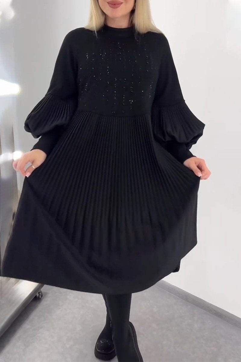 Lavinque Dress Robe Noire Ample | Manches Bouffantes & Col Montant | Élégance Oversize
