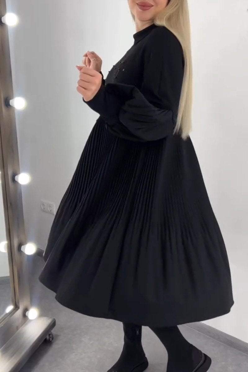 Lavinque Dress Robe Noire Ample | Manches Bouffantes & Col Montant | Élégance Oversize