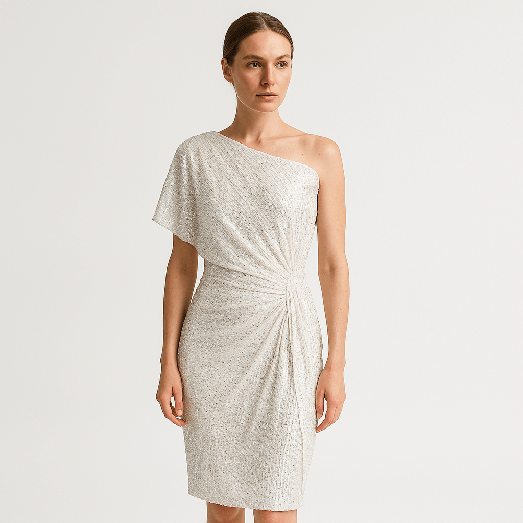 Lavinque Dress Robe Noire Asymétrique à Sequins | Épaule Dénudée | Drapée & Glamour