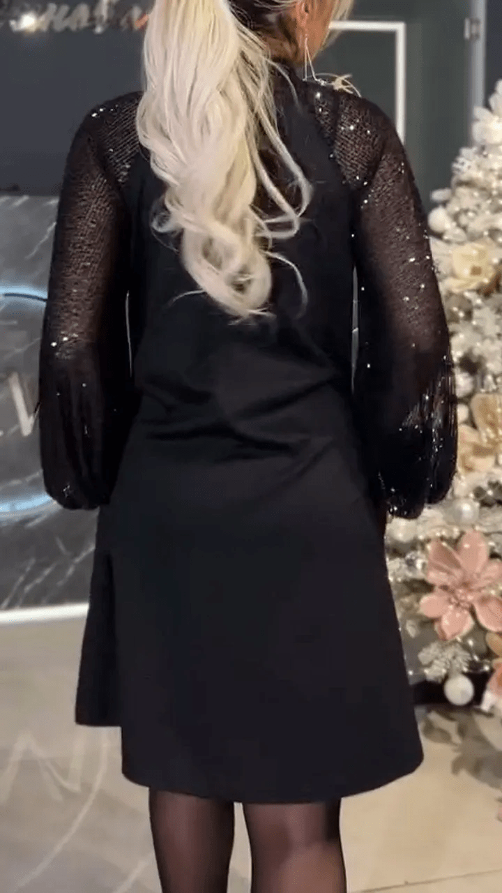 Lavinque Dress Robe Noire Élégante | Manches Sequins | Col Lavallière Chic