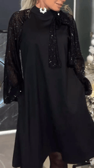 Lavinque Dress Robe Noire Élégante | Manches Sequins | Col Lavallière Chic