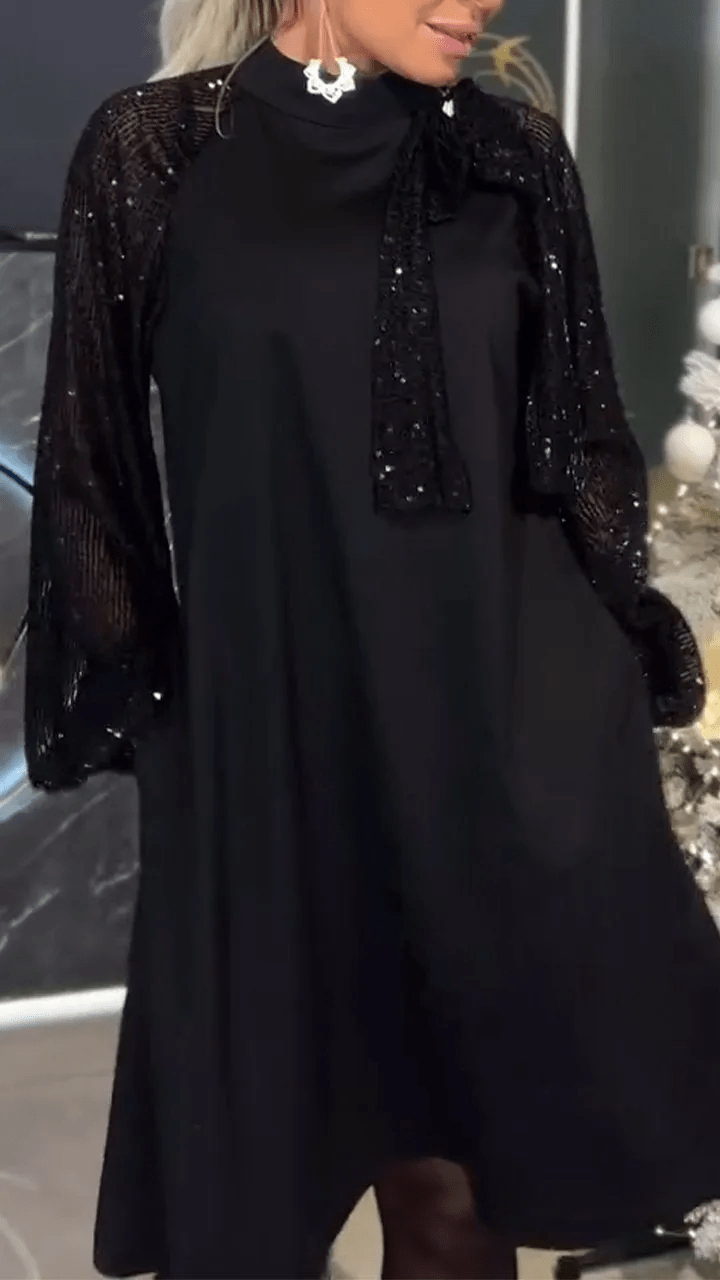 Lavinque Dress Robe Noire Élégante | Manches Sequins | Col Lavallière Chic