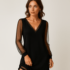 Lavinque Dress Robe Noire Élégante | Manches Transparentes en Tulle | Décolleté en V Féminin