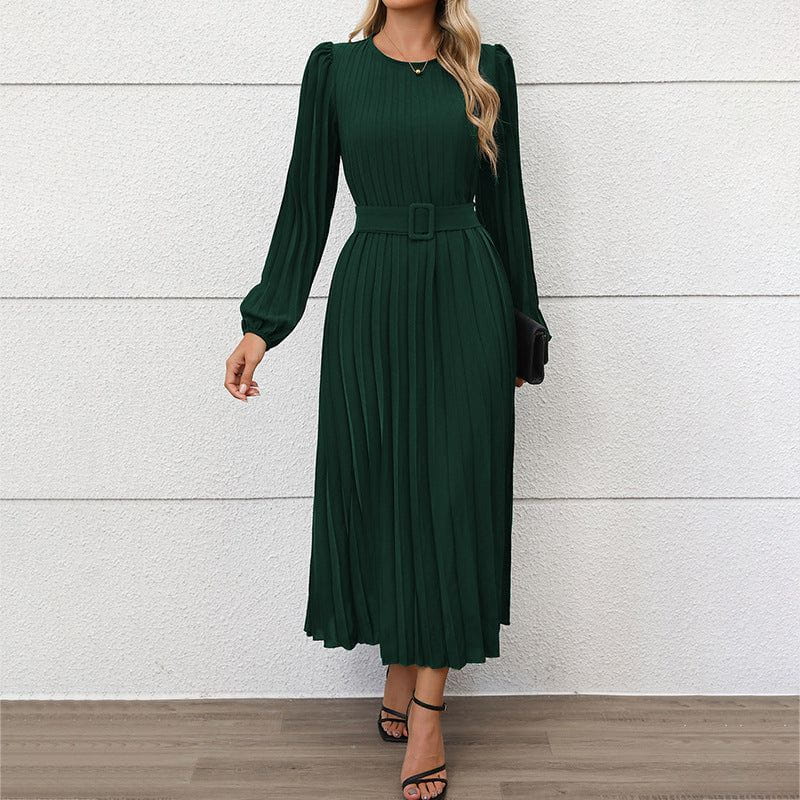 Lavinque Dress Robe Plissée Midi Verte | Manches Longues | Élégance Ceinturée